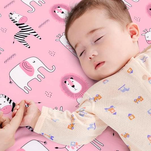 JISEN Baby Crib Sheets Soft Breathable Pink Fitted Crib Sheets Baby Sheet for Standard Crib and Toddler Mattress Baby Bed Sheets for Crib for Baby Boys Girls Neutral 52x28 Inch Elephant