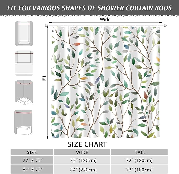 Boho Sage Green Floral Shower Curtain, Spring Summer Colorful Botanical Flower Leaves Bohemian Fabric Shower Curtain Set with 12 Hooks, Bathroom Accessories Decor Cloth Curtain 72x72 Inches