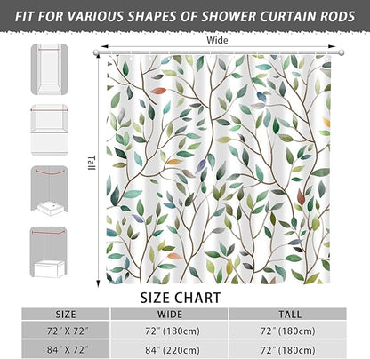 Boho Sage Green Floral Shower Curtain, Spring Summer Colorful Botanical Flower Leaves Bohemian Fabric Shower Curtain Set with 12 Hooks, Bathroom Accessories Decor Cloth Curtain 72x72 Inches