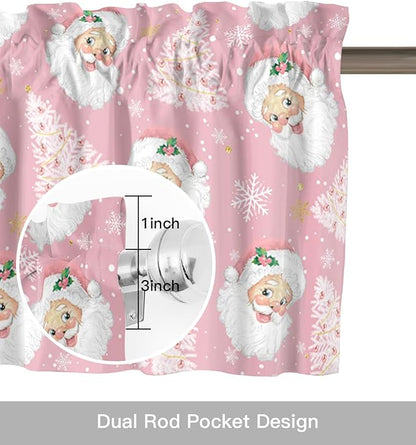 Pink Christmas Valance Curtains for Kitchen Windows Santa Claus Merry Christmas Tree Rod Pocket Window Treatment Toppers for Kitchen/Living Room/Bedroom/Bathroom, 42" X 18", Winter Snowflake