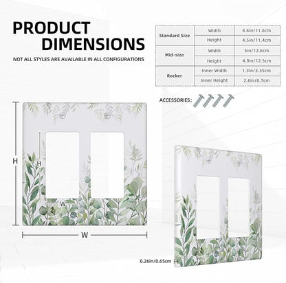 Green Eucalyptus Rustic Botanical Plant Leaves 2 Gang Rocker Decora Boho Light Switch Covers Decorative Dual Outlet Covers Wall Plate Electrical Faceplate Switchplate GFCI for Country Bedroom