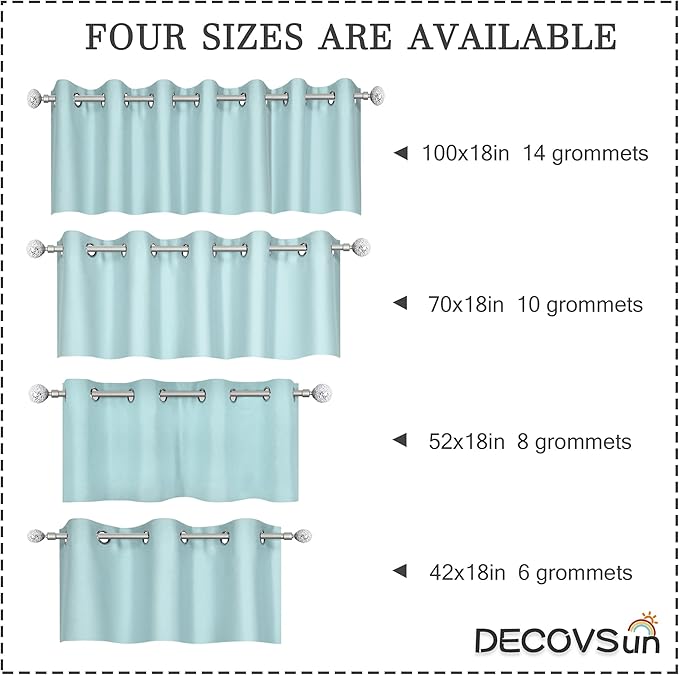 Aqua Valances for Kitchen Windows - Room Darkening Valances for Window with Grommet 42 by 18 Inch,1 Panels 42W x18 L
