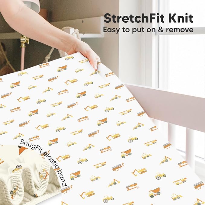 2-Pack Crib Sheets for Boys,Girls - Viscose Derived from Bamboo Fitted Crib Sheet, Organic Baby Crib Sheets, Crib Mattress Sheet,Toddler Bed Sheets, Baby Sheets for Crib Fitted Sheets (Construction)