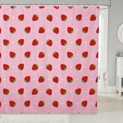 Feelyou Girls Strawberry Fabric Shower Curtain Kawaii Strawberry Shower Curtain Kids Boys Girls Pink Cartoon Fruit Food Theme Bathroom Waterproof Accessories with 12 Hooks Kawaii Curtains,72x84 Inches