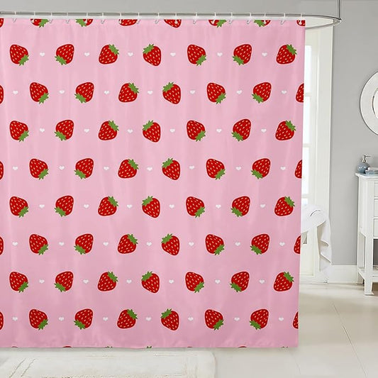 Feelyou Girls Strawberry Fabric Shower Curtain Kawaii Strawberry Shower Curtain Kids Boys Girls Pink Cartoon Fruit Food Theme Bathroom Waterproof Accessories with 12 Hooks Kawaii Curtains,72x84 Inches