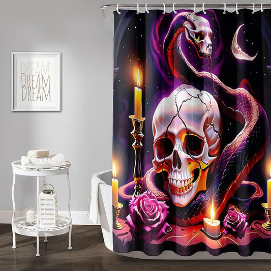AILONEN Gothic Skull Shower Curtain for Bathroom,Terror Snake Skull Bath Curtain Decoration,Starry Skull Skeleton Print Waterproof Purple Curtain with 12 Plastic Hooks, 72" W*72" H