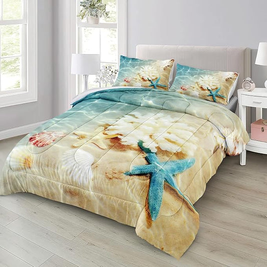 Bedbay Beach Comforter Twin Size Bed Coastal Bedding Set 3 Pieces Soft Microfiber Fluffy Comforter Set Sea Life Starfish Beach Style Comforter Set for All Seasons(Coastal,Twin)