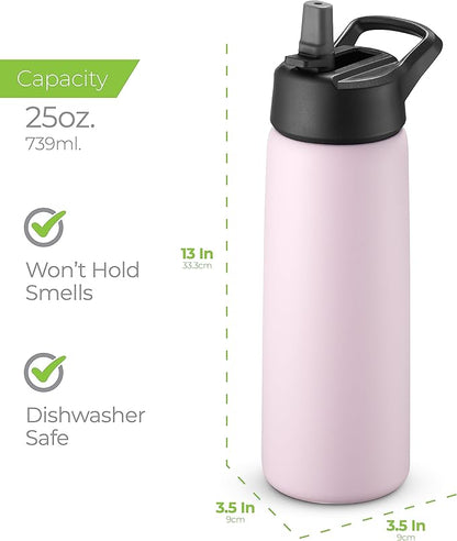SipX™ Triple-Insulated Stainless Steel Water Bottle 25oz. With 3 Lids, BPA-Free Reusable Insulated Water Bottle Keeps Cold 24 Hours, Metal Water Bottle Made Of Sustainable Material For Hiking & Biking