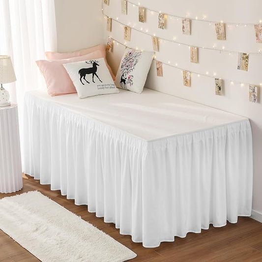 RIMELA Dorm Bed Skirt Twin XL 46 Inch Drop, Extra Long Wrap Around Elastic Bed Skirts Easy to Put On Twin Size Dust Ruffle, White Bedskirt for Adjustable Bed Base Solid Silky Fabric Machine Washable