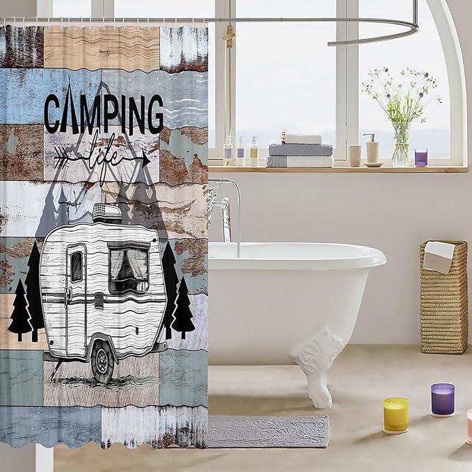 Feelyou Happy Camping Shower Curtain White Camper Fabric Shower Curtain for Kids Boys Girls Farmhouse Style Bathroom Waterproof Accessories with 12 Hooks Vintage Barn Door Curtains,72X84 Inches