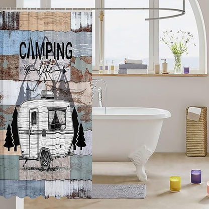 Feelyou Happy Camping Shower Curtain White Camper Fabric Shower Curtain for Kids Boys Girls Farmhouse Style Bathroom Waterproof Accessories with 12 Hooks Vintage Barn Door Curtains,72X84 Inches