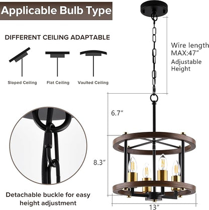 MO&OK 4-Lights Vintage Wood Color Farmhouse Wooden Metal Chandeliers Flush Mount Ceiling Light Fixture Farmhouse Chandelier for Dinning Room Living Room Bedroom Hallway Entryway Kitchen