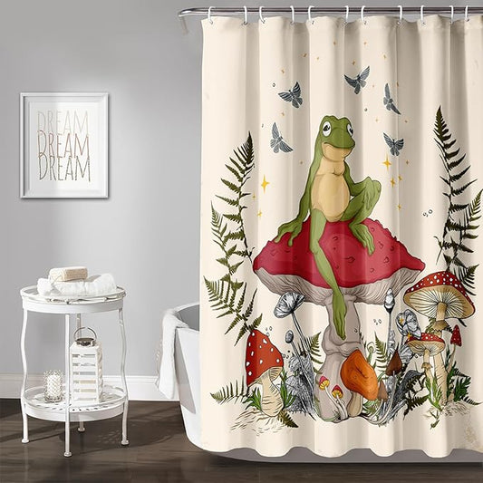 AILONEN Frog Mushroom Shower Curtain Cartoon Animal Wildlife Red Mushroom Boho Aesthetic Minimalist Modern Art Bathroom Decor 72" W*72" H Shower Curtains with 12 Hooks