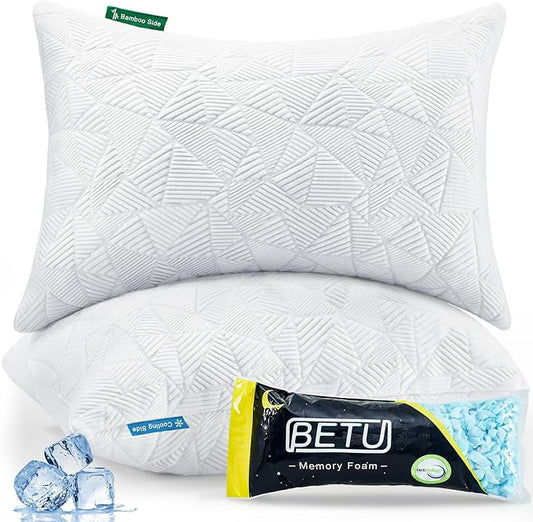 Cooling Pillows Standard Size Set of 2, BETU Shredded Memory Foam Cool Pillows for Hot Sleepers, Adjustable Firm Soft Support Bed Pillows Perfect for Back Neck Pain and Side Sleeping, White