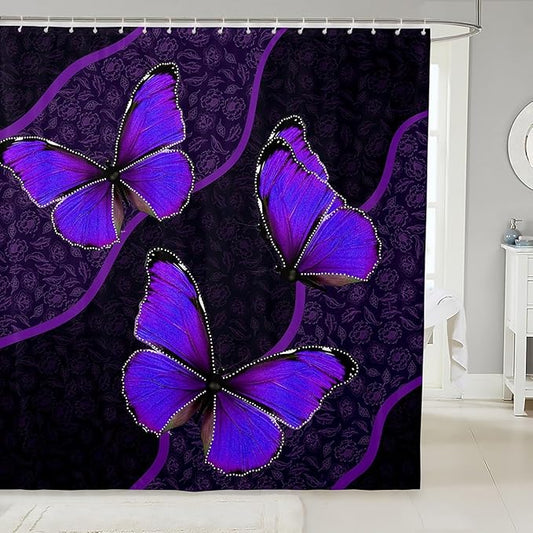 Feelyou Butterfly Shower Curtain 72"x78" Kids Butterflies Botanical Floral Print Bathroom Shower Curtain Set for Boys Girls Teens Geometric Stripes Bath Curtain Purple Bathroom Accessories