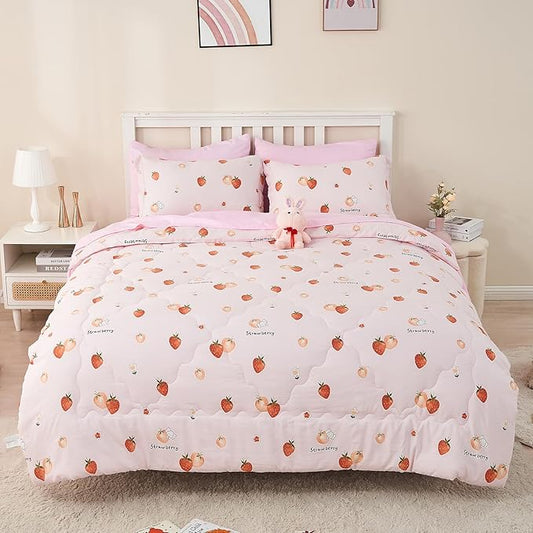 Wajade Girls Strawberry Comforter Set Bed in A Bag Twin Size 7 Piece Pink 3D Cute Strawberry Fruit Bedding Set for Kids (1 Comforter, 1 Flat Sheet, 1 Fitted Sheet, 2 Pillowcase and 2 Pillow Sham)