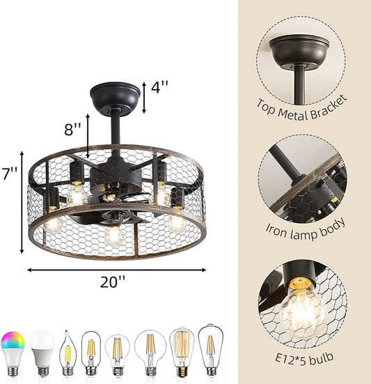 NicBex Ceiling Fan 20 Inch Ceiling Fans with Lights Caged Ceiling Fan with Blades and Remote Control Down Rod Mount Ceiling Fans for Bedroom, Living Room, Black Gray