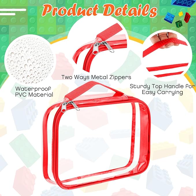 Sanwuta 3 Packs Toy Storage Bags with Zipper, Clear PVC Organizing Bags, Waterproof Toy Bags for Board Games, Building Blocks, Toys and Kids Books (Red, Yellow, Green,12.6 x 9 x 2.36 Inch)