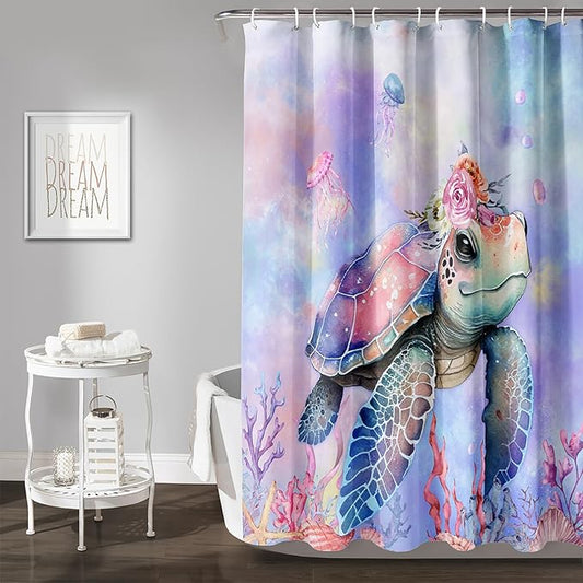 AILONEN Kawaii Sea Turtle Shower Curtain,Tie Die Turtle Bath Curtain Cloth Fabric Bathroom 72" W*84" H Inch,12 Pack Hooks for Kids Child Cute Watercolor Pink Sea Animal Bathroom Curtain