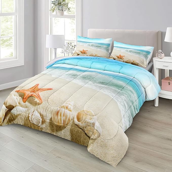 Bedbay Seashell Comforter Coastal Bedding Comforter Set Twin Size Boys Girls Beach Theme Bedding Set Beach Room Decor Starfish Seashore Beach Quilt Set 3 Pcs (Conch,Twin)