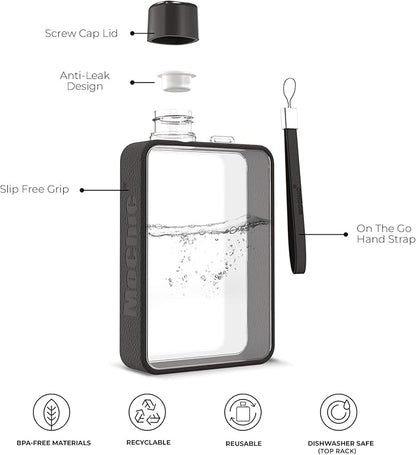 Mochic 13oz Flat Water Bottle - Portable Travel Mug Handbag Slim Cold Plastic Flask | BPA Free A5 Water Bottle Tritan Plastic | Sports, Camping, Gym, Fitness, Outdoor - Leak Proof. 380ml (Black)