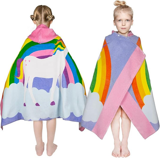 Toddler Bath Towel Hooded - Cotton Kids Beach Towel 30"x50" for Ages 3 to 10, Soft Terry Poncho Towel as Pool Swim Cover Ups for Girls Boys (Rainbow Unicorn Pink)