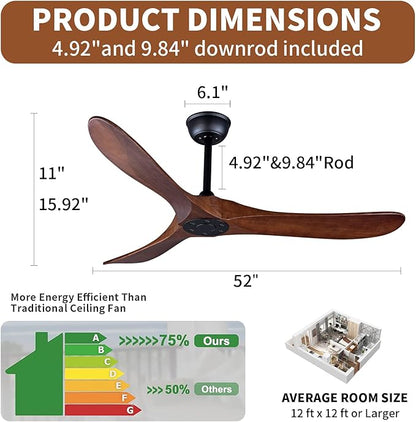 Bigzone 52" Outdoor/Indoor Ceiling Fans Without Lights, Energy Efficient DC Motor, 3 Balsa Wood Blades Ceiling Fan, Wood Ceiling Fan With Remote Control