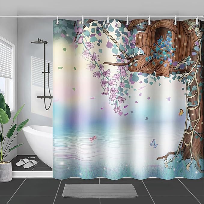 AILONEN Blue Tree Leaves Shower Curtain,Botanical Floral Plants Vine Shower Curtain,Butterfly Floral Shower Curtain for Bathroom Decor Polyester Waterproof with Grommets and Hooks 72" W*84" H