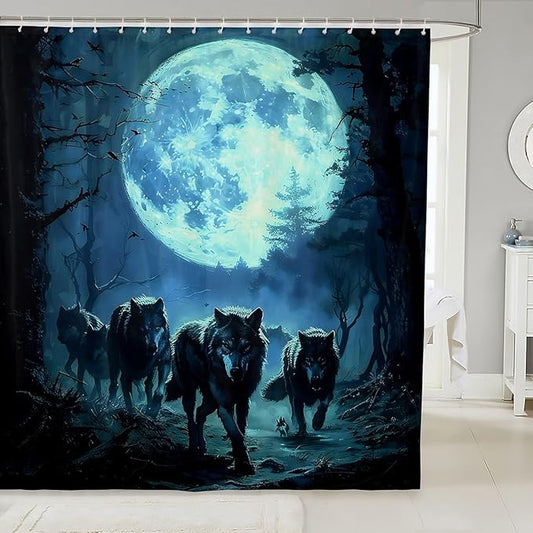 Feelyou Wolf Shower Curtain Wolves Howling Bath Curtain for Kids Blue woles Bathroom Shower Curtain Set Animal Wolves Kids Bathroom Accessories 72"x78"