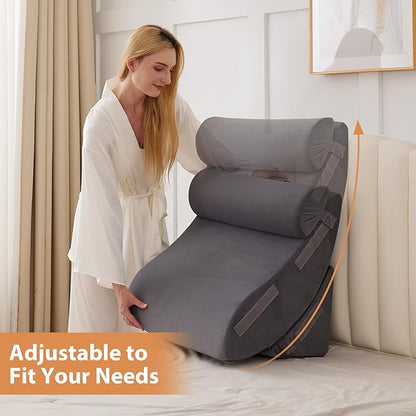 Orthopedic Bed Wedge Pillow Set 4PCS, Wedge Pillow Set for Back Pain Relief, Sitting up in Bed, Post Surgery, Acid Reflux, Snoring&GERD, Body Pillow for Sleeping,Leg,Neck,Shoulder Support, Velvet Grey