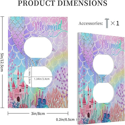 Silvery Glitter Cute Mermaid Tail Fantasy Castle Single Duplex Wall Plate Covers Light Switch Cover 1 Gang Outlet Plate Decorative Switchplate Covers Electrical Faceplate for Kidroom Nursery Decor
