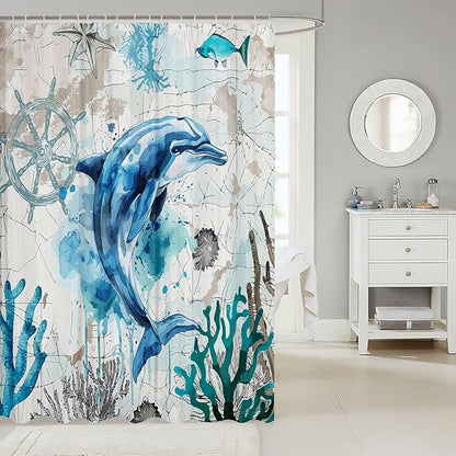 Feelyou Dolphin Fabric Shower Curtain Ocean Shower Curtain for Kids Boys Girls Sea World Bathroom Waterproof Accessories with 12 Hooks Underwater Sea Animal Curtains,72x84 Inches