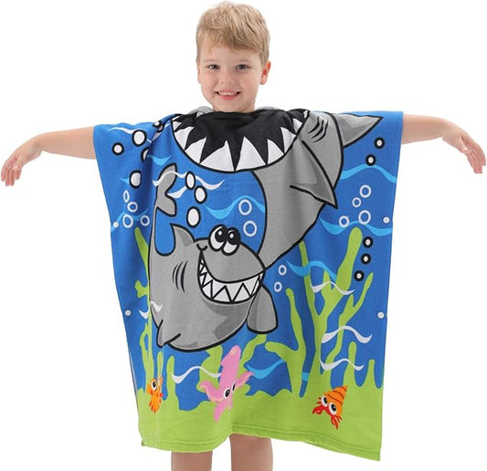 NovForth Kids Beach Towel for Boys Girls, Shark Hooded Bath Towel Wrap, Toddler Pool Towel with Hood