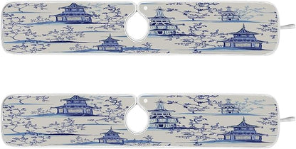 Kitchen Faucet Absorbent Mat, Ink Chinese Pagodas Trees Water Splash Guard for Sink, Faucet Drip Catcher Thicken Sponge Microfiber Faucet Water Catcher Mat Sink Absorbent Mat for Kitchen 14x5in 2Pack