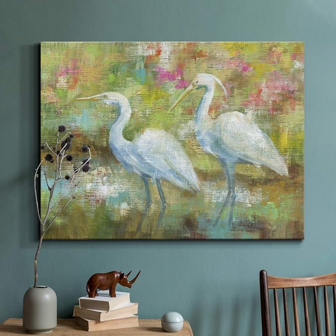 Renditions Gallery Canvas Nature Wall Art Modern Paintings Decorations Elegant White Egrets Abstract Multicolored Bontanical Wall Hanging Artwork for Bedroom Office Kitchen - 32"x48" LT33