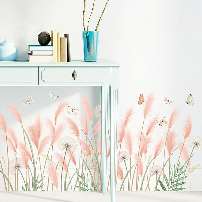 Green Plants Wall Stickers, Reed Flower Dandelion Butterfly Wall Murals Peel and Stick, Wall Decals for Living Room, Wall Décor for Bedroom, Wall Art for Kitchen, Kids Room Décor