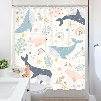 Kids Shower Curtain Ocean Cute Whale Rainbow Girls Cartoon Funny Sea Animal Underwater 60Wx72L Inch Shower Curtain Bathroom Set Colorful Lovely Bath Curtain Bathtub Accessories Home Decor