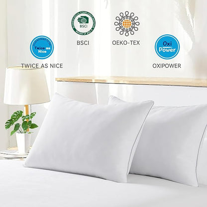 puredown® Goose Feathers Bed Pillows, 100% Cotton Cover, Standard Size Hotel Collection Pillows Set of 2 for Sleeping with Silver Piping, Feather and Polyester Filling