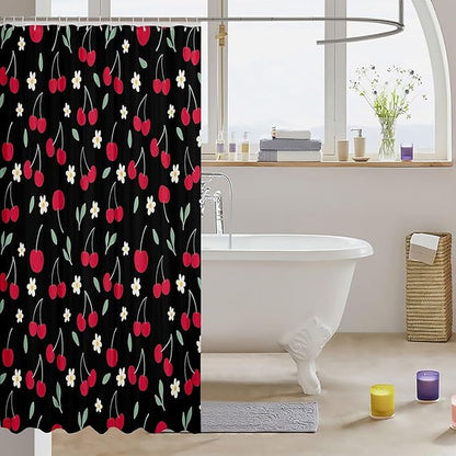 Feelyou Cherry Shower Curtain Fruits Fabric Shower Curtain for Kids Boys Girls Floral Flowers Bathroom Waterproof Accessories with 12 Hooks Black and Red Curtains,72X78 Inches