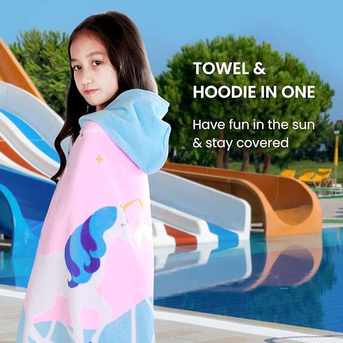 BANGSAUR Kids Hooded Bath Beach Towels, Oversize 100% Cotton 50"x30" Wrap, Toddlers Girls 3-12 Years Coverup Double Unicorn