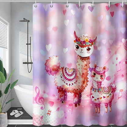 AILONEN Kawaii Llama Shower Curtain for Kids Girls,Watercolor Llama Alpaca Theme Bath Curtain,Boho Llama Hearts Print Pink Shower Curtain Waterproof for Bathroom with 12 Plastic Hooks, 72" W*78" H