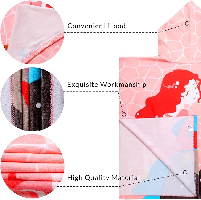Kids Pink Mermaid Hooded Beach Towel Girls Cute Poncho Pool Towels with Hood 29*59" Soft Microfiber Swim Cover-ups for Kids Ages 3-10 Thick Absorbent Cotton Hooded Bath Towel Wrap Bathrobe