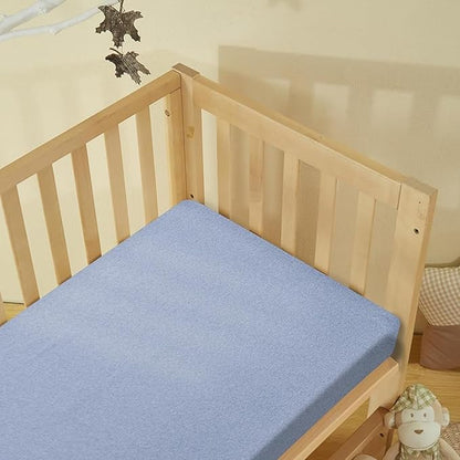 100% Cotton Jersey Knitted Standard Crib Sheets for Boys and Toddler, Soft and Breathable, Crib Sheets Girl Snug Fit, Machine Washable, Multiple Colors (P3,Denim Blue/Sky Blue,28"x52"x9")