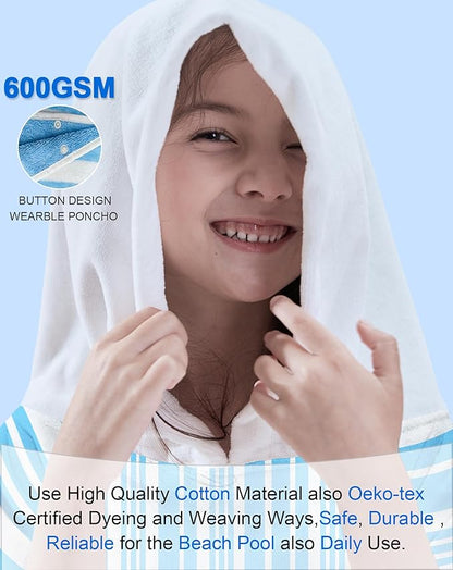 VOOVA & MOVAS Big Kids Poncho Towel with Hood - Teens Hooded Pool Towel Robe (8-16Years), Large and Absorbent Cotton - Versatile for Beach, Pool, Swim, and Bath,Light Blue Stripe