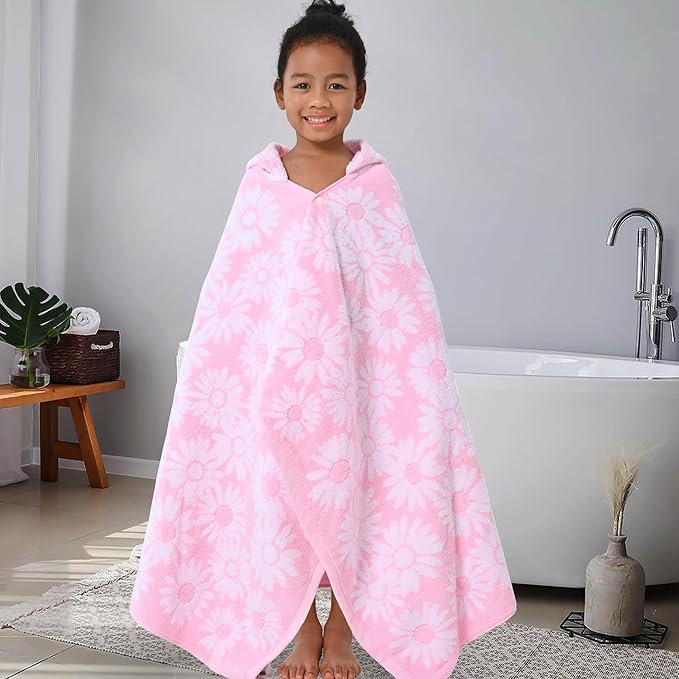 Hooded Bath Towels for Kids (3-10Years) - Soft, Absorbent Turkish Cotton Thick Pool Towels with Hood for Toddler,Perfect for Bath | Beach | Pool | Swim, Jacquard, Pink with White Daisys Theme