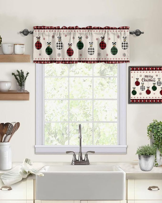 Vandarllin Christmas Kitchen Curtains Valances for Windows Vintage Buffalo Plaid Christmas Balls Rod Pocket Window Treatment for Kitchen/Living Room/Bedroom/Bathroom,42" X 12" -1 Panel, Farmhouse