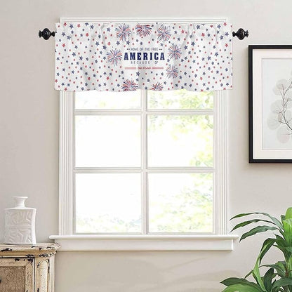 Vandarllin 4th of July Kitchen Curtains Valances for Windows Patriotic America Stars Fireworks Rod Pocket Window Treatment for Kitchen/Living Room/Bedroom/Bathroom, 42" X 18", Red White Blue