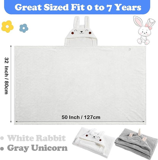 2 Pcs Toddler Hooded Bath Towel 50" x 32'' Thick Animal Hooded Towel for Kid Absorbent Baby Bath Towel Bathrobe Blanket for Boy Girls 0-5 Years(Light Grey, White, Unicorn, Rabbit)