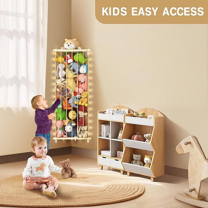 Stuffed Animal Storage Toy Organizer: Corner Stuff Animals Holder for Wall with LED Light - Kids Plush Toys Storage with Adjustable Length for Nursery Playroom Bedroom Kids Room(Beige)