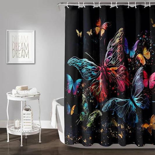 AILONEN Colorful Butterfly Shower Curtain, Tie Dye Butterfly Bath Curtain,Modern Fashion Minimalist Decorative Shower Curtain with 12 Plastic Hooks (Kids/Girls/Women/Teen/) Black 72" W*72" H
